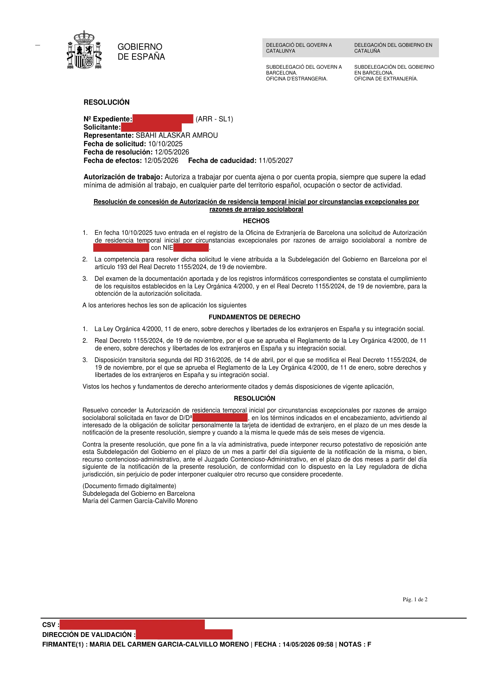 Primera página de la resolución, con los datos personales tapados — 1