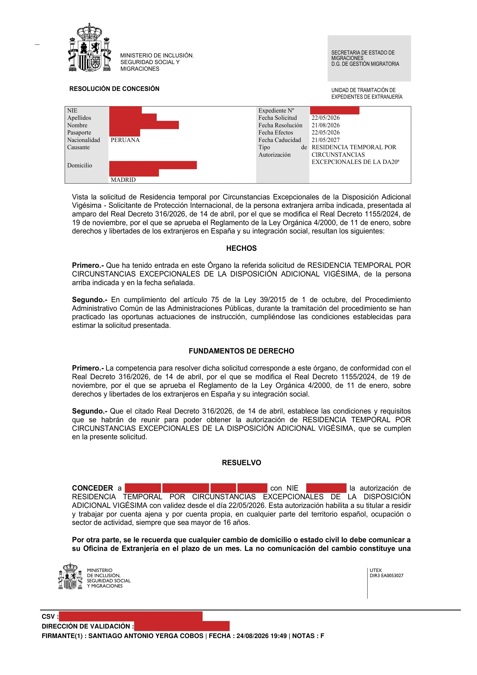 Primera página de la resolución, con los datos personales tapados — 1