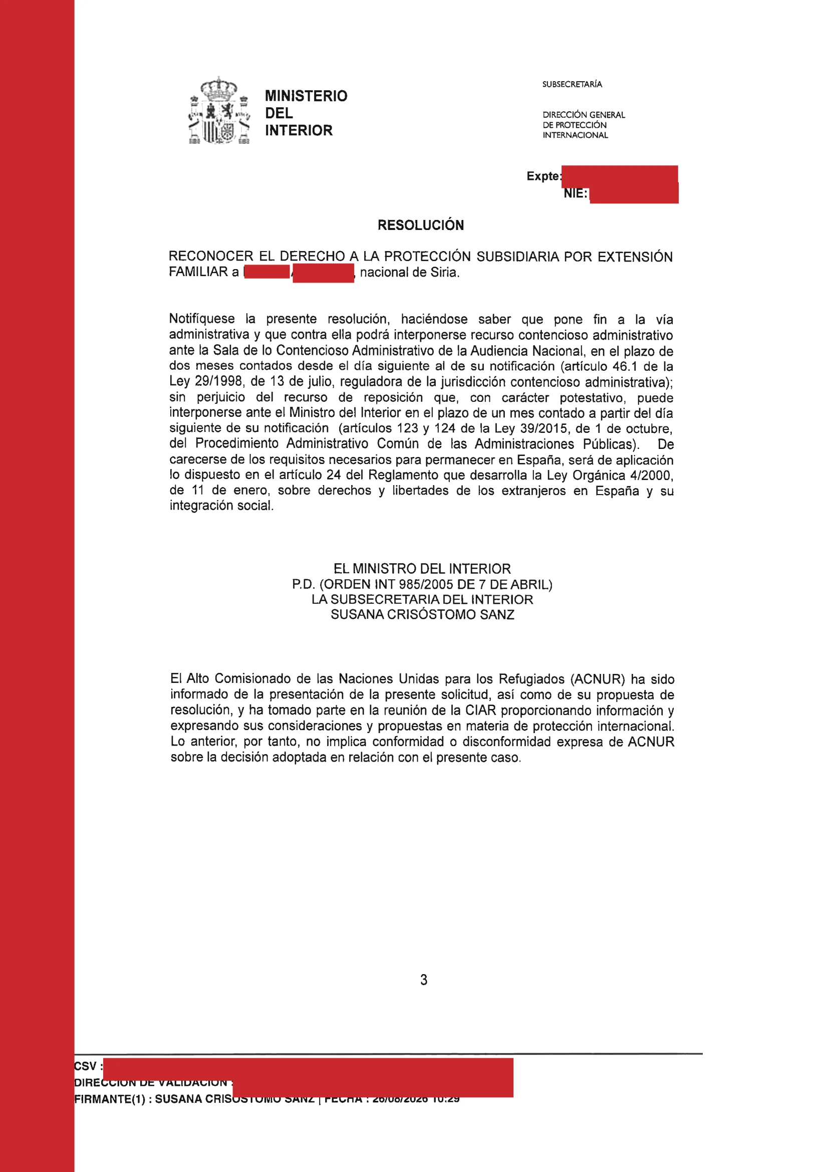 Primera página de la resolución, con los datos personales tapados — 3