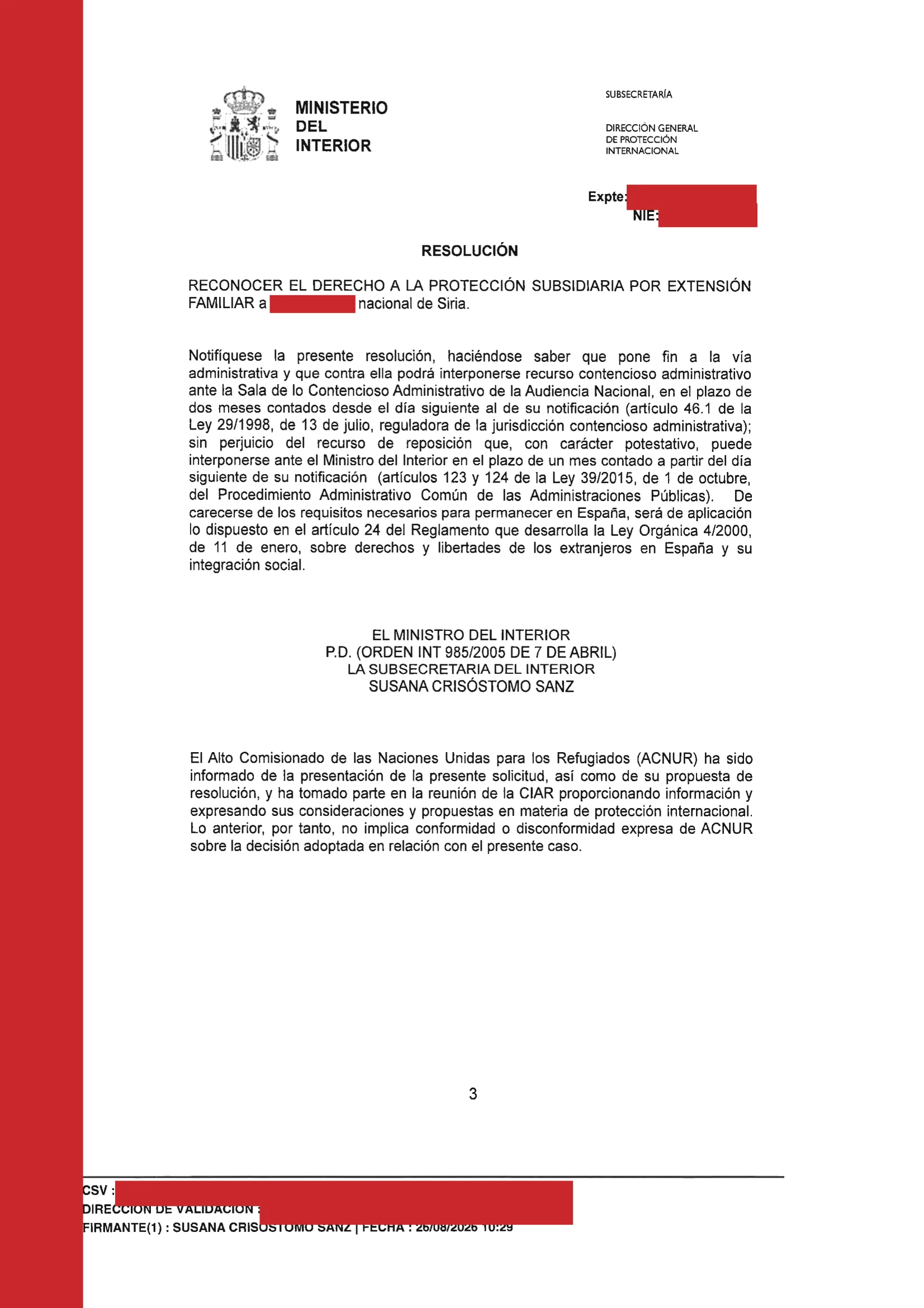 Primera página de la resolución, con los datos personales tapados — 5