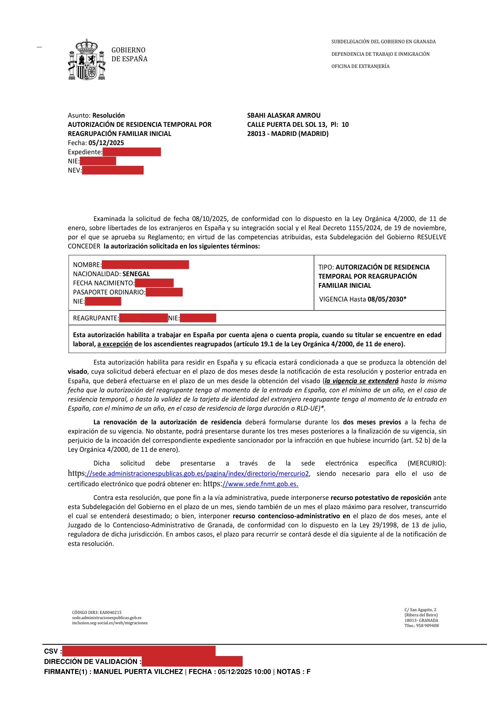 Primera página de la resolución, con los datos personales tapados — 1