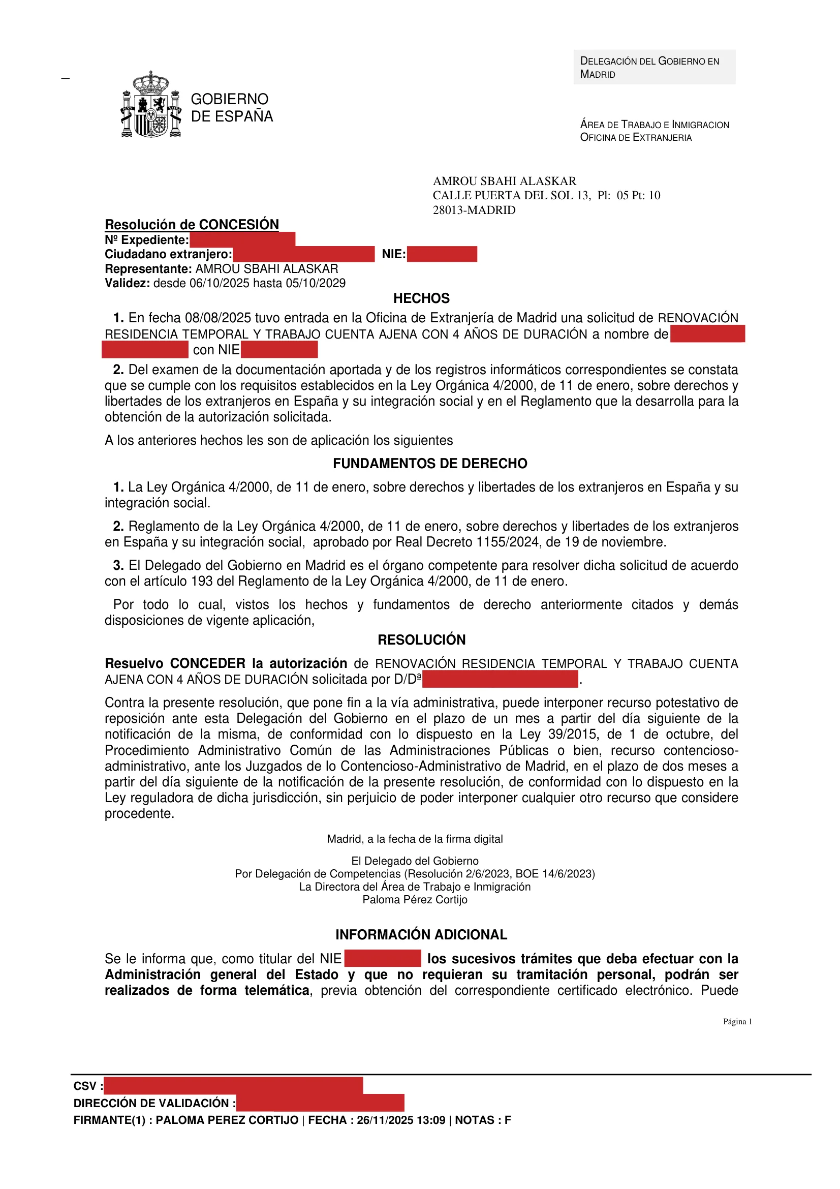 Primera página de la resolución, con los datos personales tapados — 1