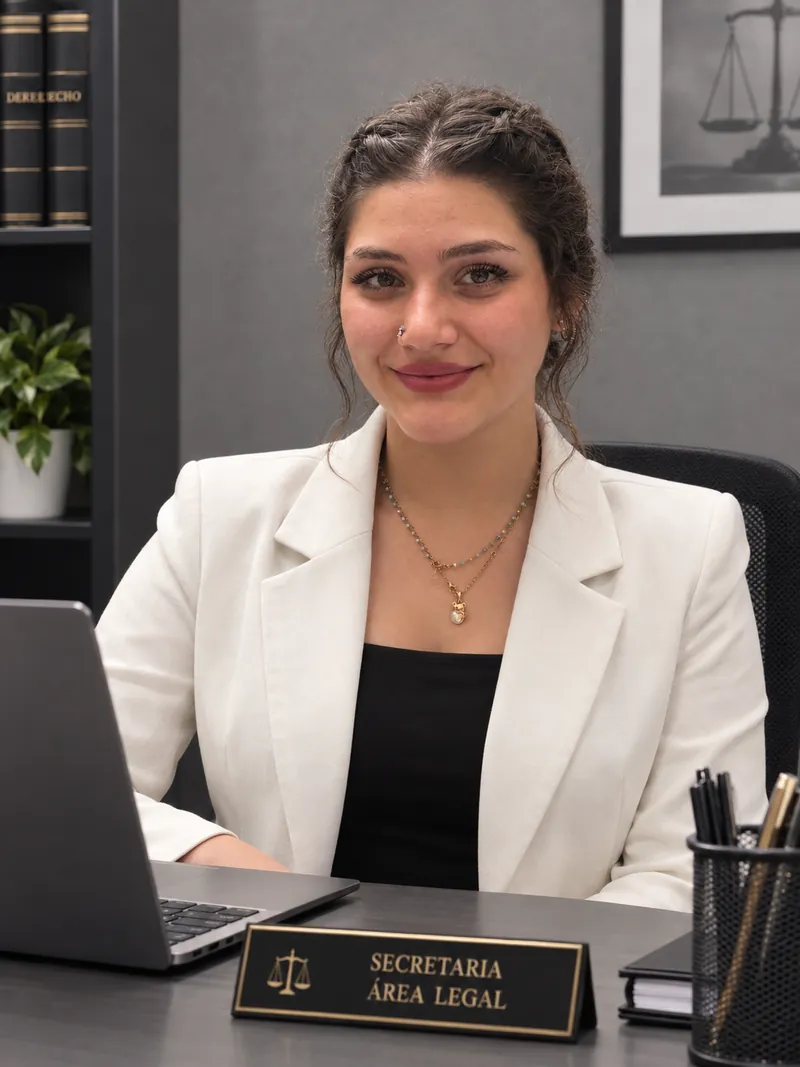 Maisam Rashel Rengel en su mesa de trabajo, con chaqueta blanca