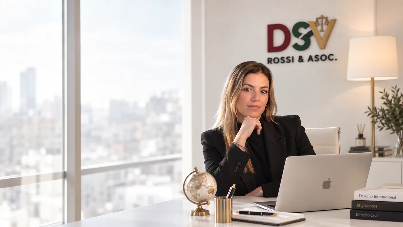 Micaela Belén Rossi en una mesa de despacho, con el rótulo de DSV detrás