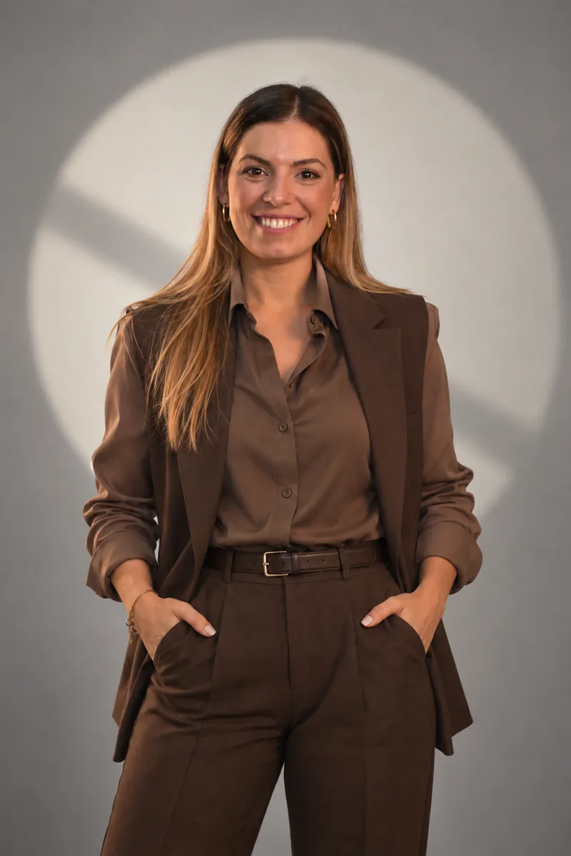 Micaela Belén Rossi, de pie, con traje marrón